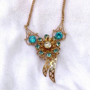 Vintage Short Gold tone Aqua Clear Rhinestone Necklace